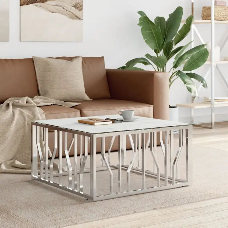Salontafel met massief acaciahout en roestvrijstalen frame - Zilver en wit / 1 / Glas - Salontafels