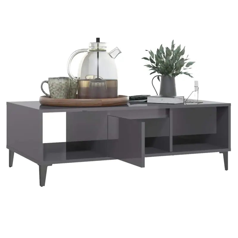 Salontafel met metalen poten en bewerkt hout in hoogglans grijs - Salontafels