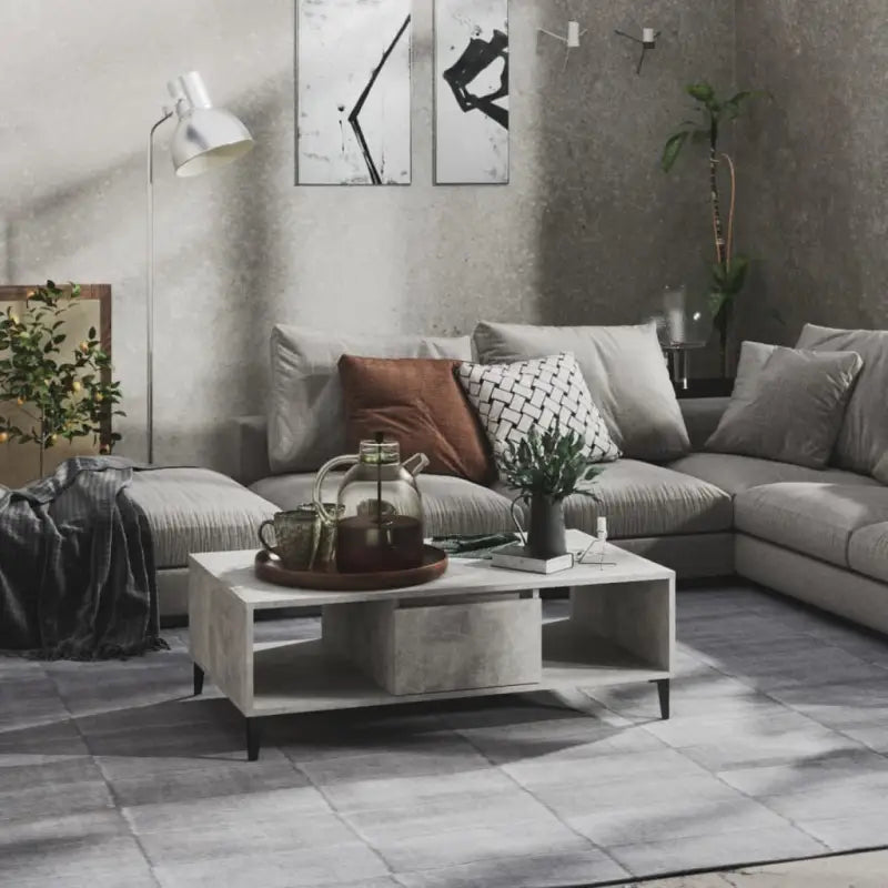 Salontafel met metalen poten en bewerkt hout in hoogglans grijs - Betongrijs / 1 - Salontafels