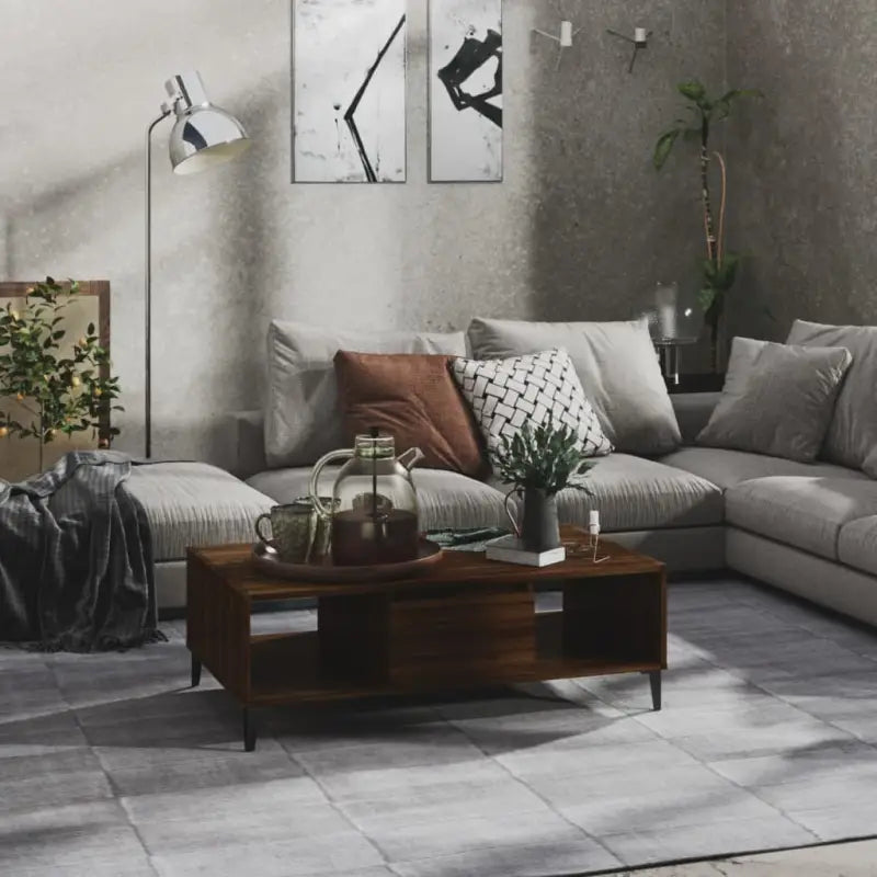 Salontafel met metalen poten en bewerkt hout in hoogglans grijs - bruin eikenkleur / 1 - Salontafels