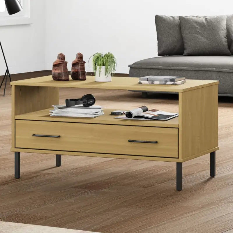 Salontafel met metalen poten van massief grenenhout - Bruin / 1 - Salontafels