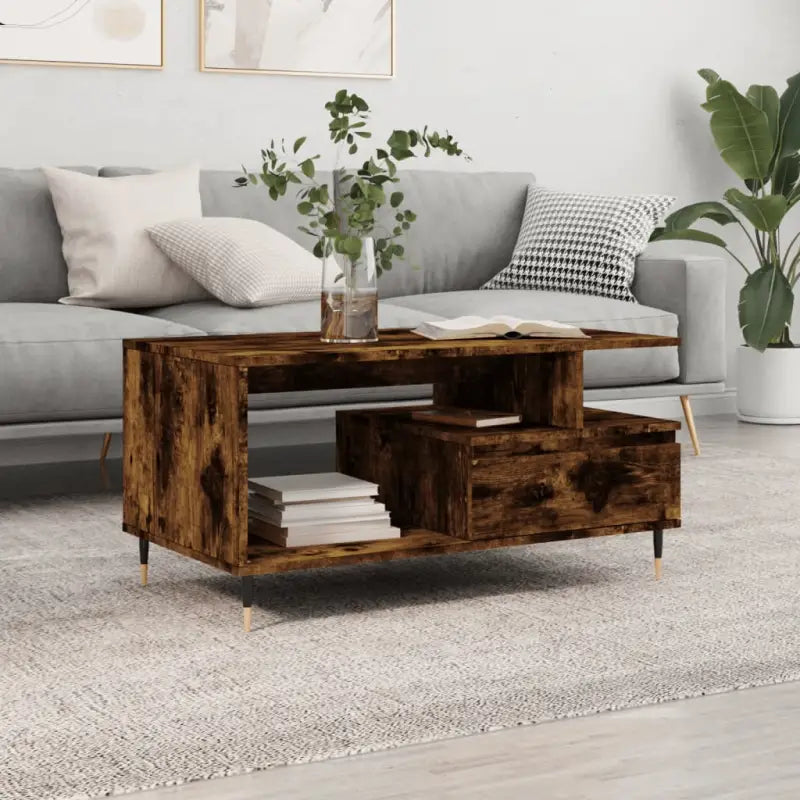 Salontafel van bewerkt hout met metalen poten voor een elegante woonkamer - Gerookt eiken / 1 - Salontafels