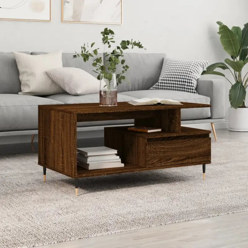 Salontafel van bewerkt hout met metalen poten voor een elegante woonkamer - bruin eikenkleur / 1 - Salontafels