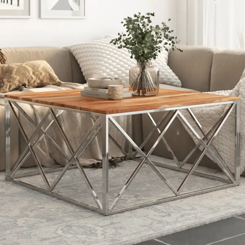 Salontafel van gerecycled hout en roestvrij staal voor in je woonkamer - Zilverkleurig en lichtbruin / 1 / Hout