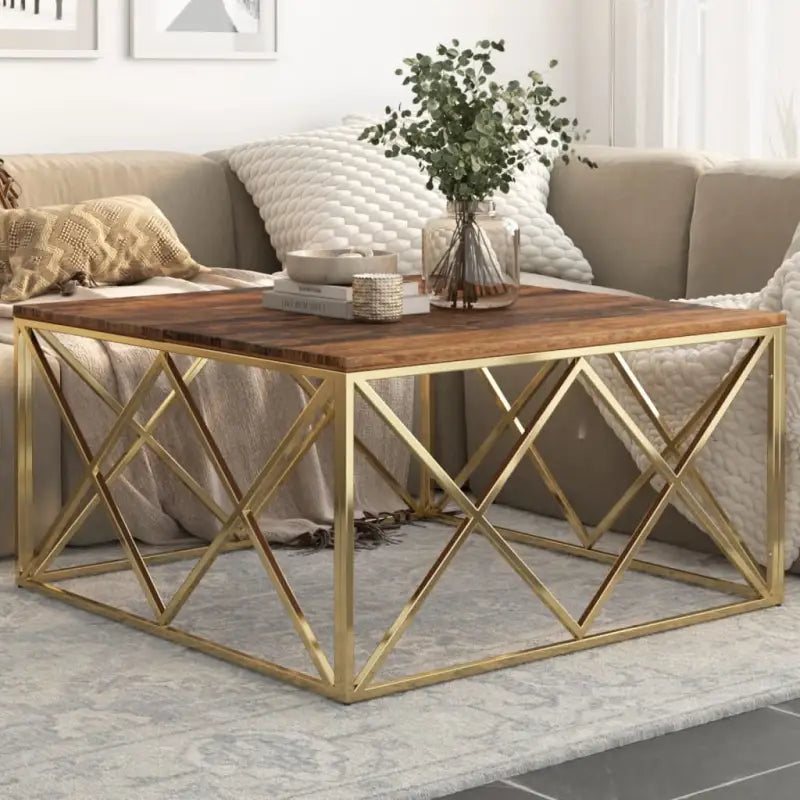 Salontafel van gerecycled hout en roestvrij staal voor in je woonkamer - Goud / 1 / Hout - Salontafels