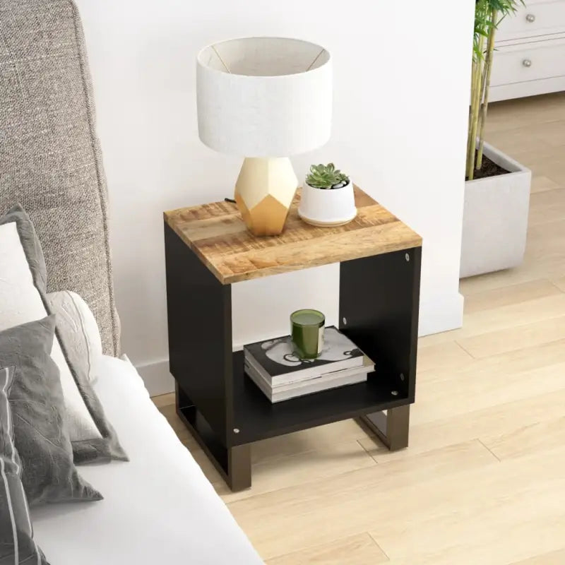 Salontafel van massief mangohout met metalen poten en bewerkt hout - Lichthout / 1 - Salontafels
