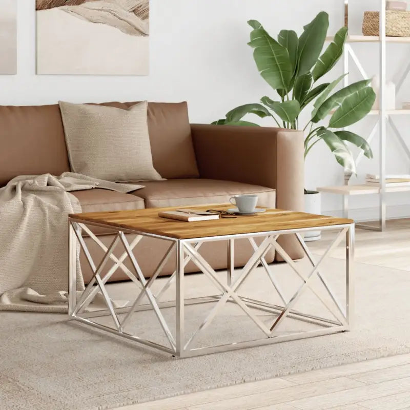 Salontafel van roestvrij staal en massief gerecycled hout - Zilverkleurig en lichtbruin / 1 / Hout - Salontafels