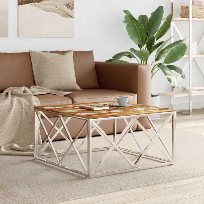 Salontafel van roestvrij staal en massief gerecycled hout - Zilverkleurig en bruin / 1 / Hout - Salontafels