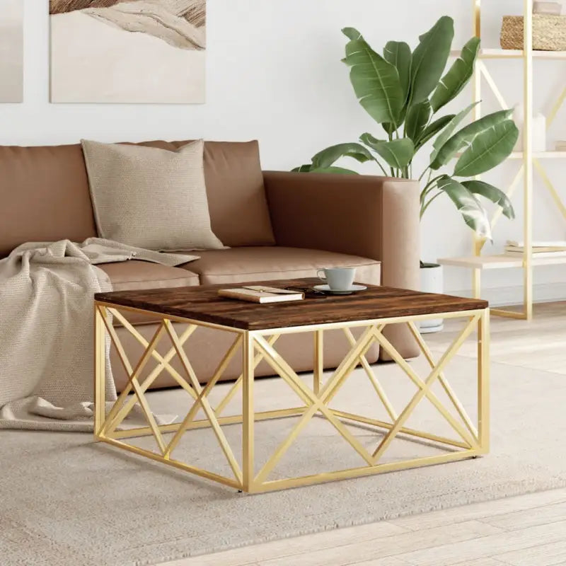 Salontafel van roestvrij staal en massief gerecycled hout - Goud / 1 / Hout - Salontafels