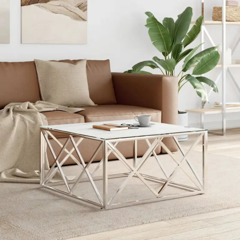 Salontafel van roestvrij staal en massief gerecycled hout - Zilver en wit / 1 / Glas - Salontafels