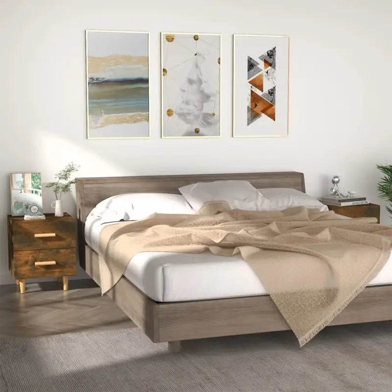 Scandinavisch nachtkastje in massief eucalyptushout met houten handvatten - Gerookt eiken / 2 - Nachtkastjes
