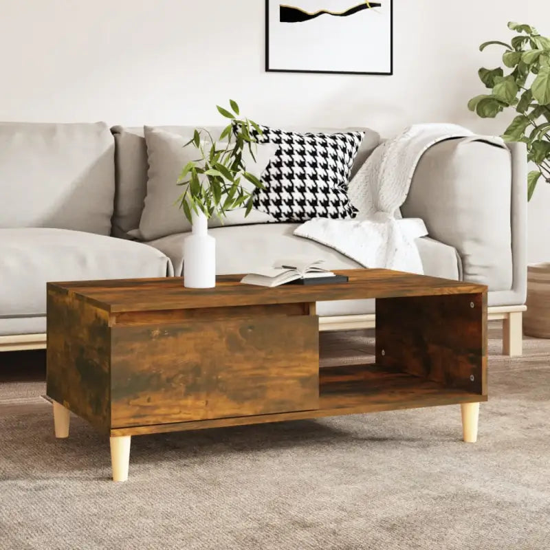 Scandinavische salontafel met bewerkt hout en houten poten - Gerookt eiken / 1 - Salontafels