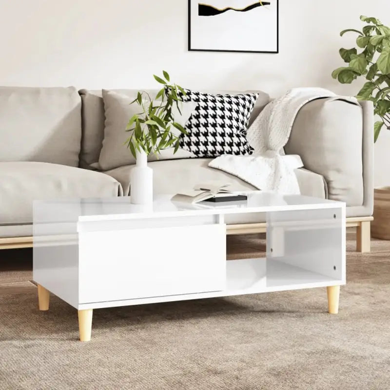 Scandinavische salontafel met bewerkt hout en houten poten - Hoogglans wit / 1 - Salontafels