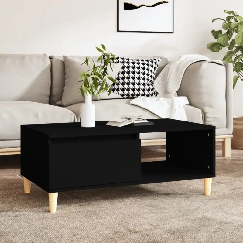 Scandinavische salontafel met bewerkt hout en houten poten - Zwart / 1 - Salontafels
