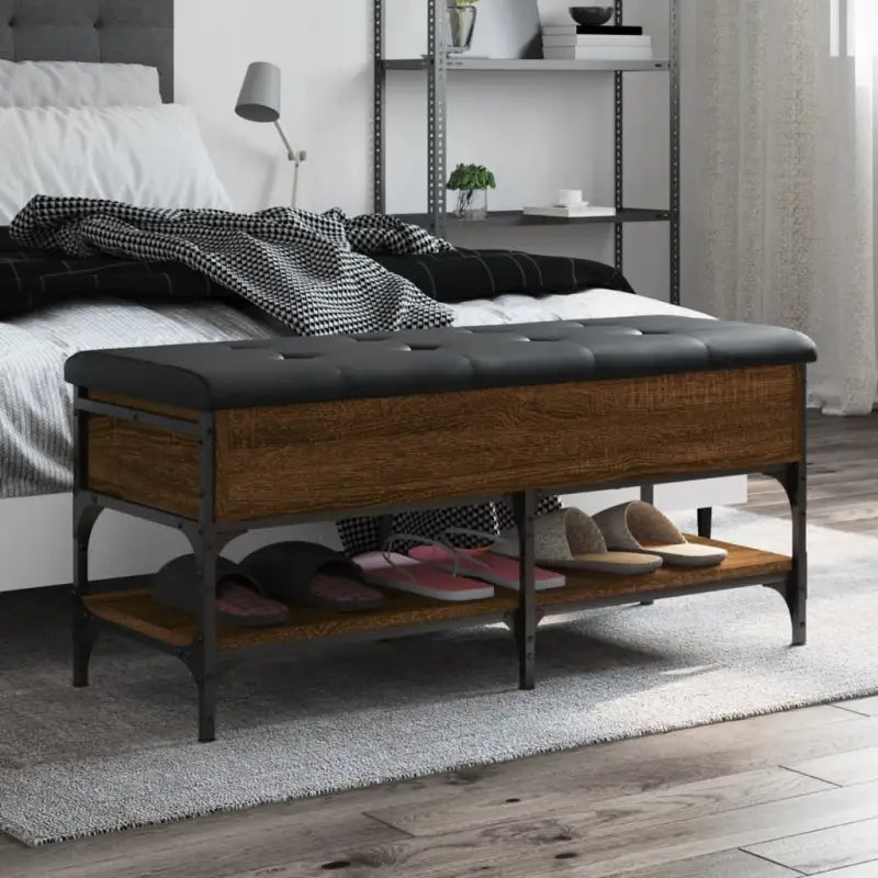 Schoenenbank met opbergruimte in Grijs Sonoma en bewerkt hout - bruin eikenkleur / 102 x 42 x 45 cm - Opberg- &