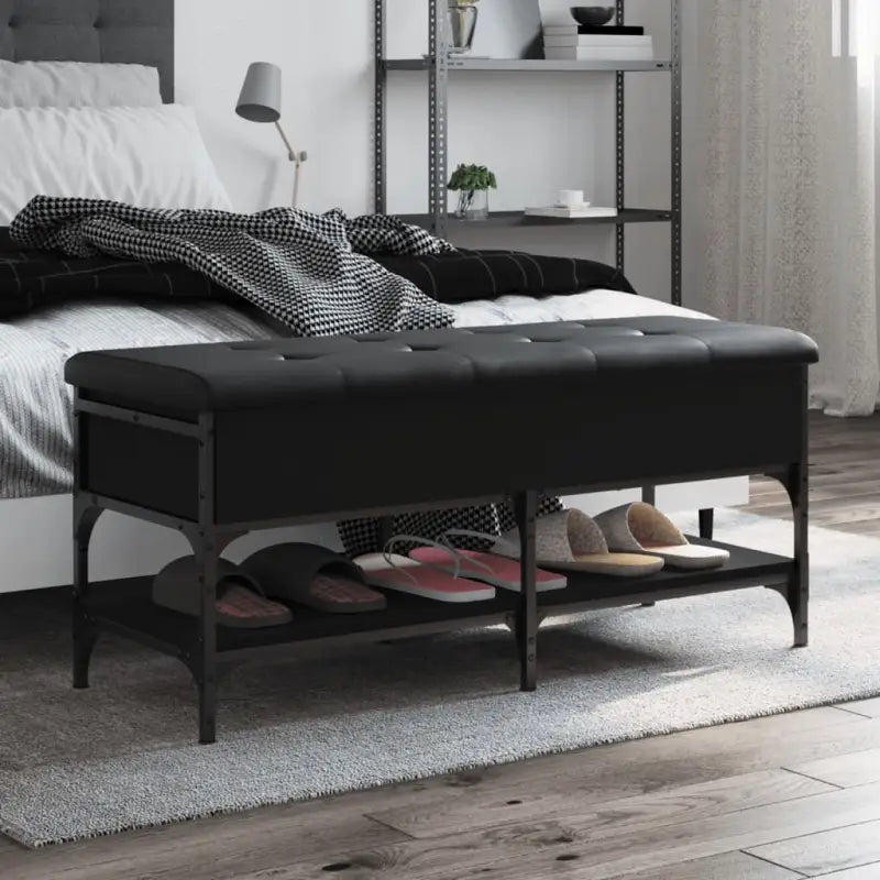 Schoenenbank met opbergruimte in Grijs Sonoma en bewerkt hout - Zwart / 102 x 42 x 45 cm - Opberg- & halbankjes