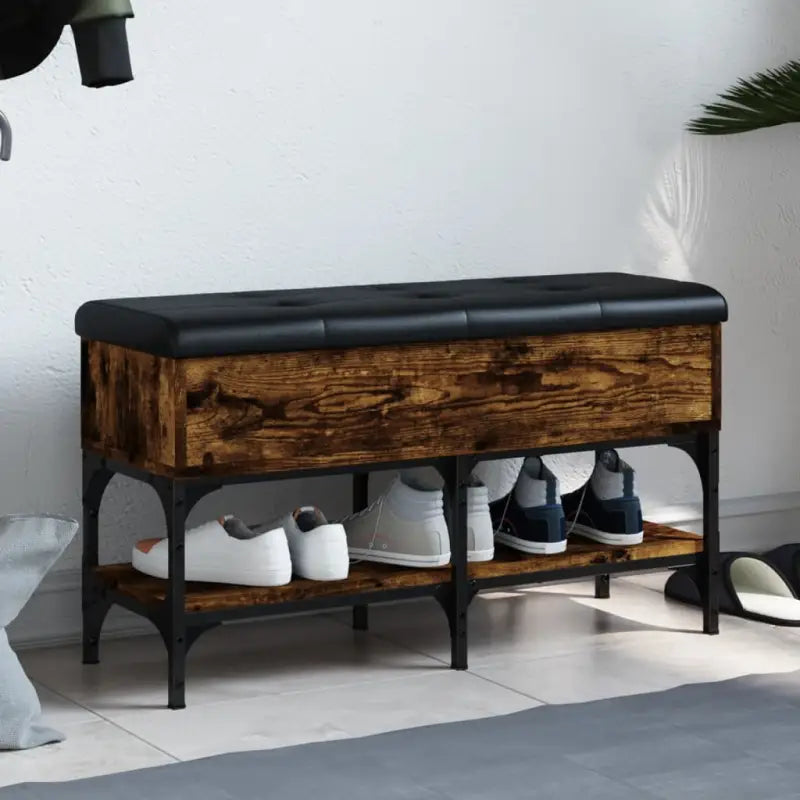 Schoenenbank van bewerkt hout voor overzichtelijke opbergruimte - Gerookt eiken / 82 x 32 x 45 cm - Opberg- & halbankjes