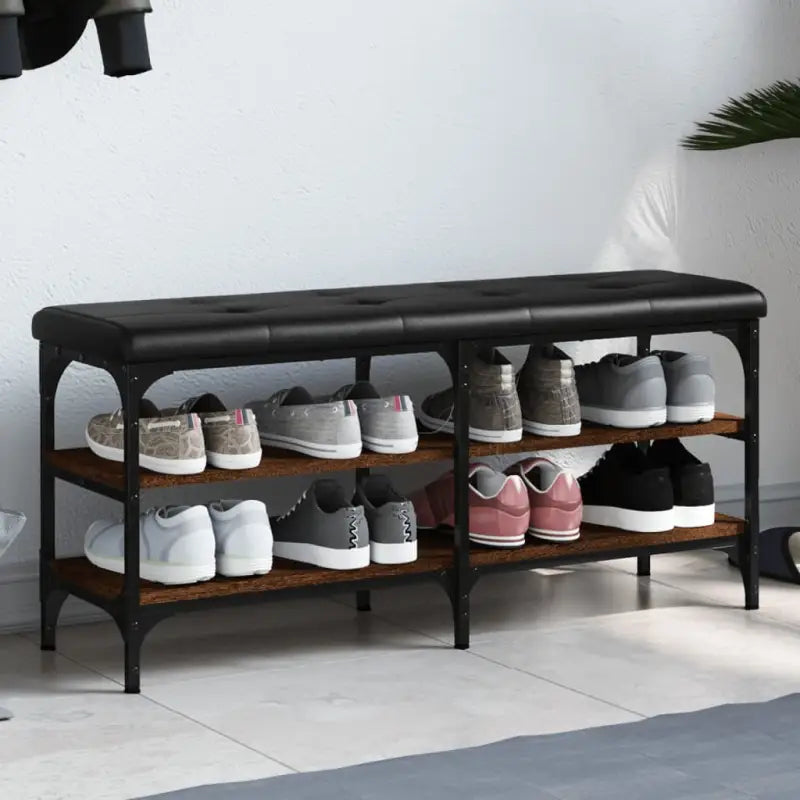 Schoenenbank van bewerkt hout voor schoenen overzichtelijk in zwart materiaal - bruin eikenkleur / 102 x 32 x 47 cm