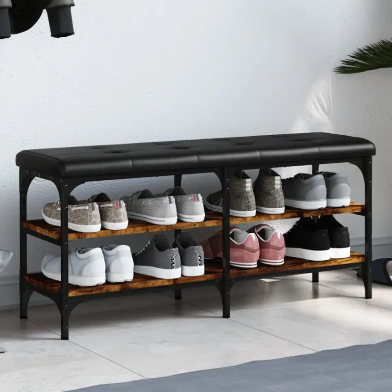 Schoenenbank van bewerkt hout voor schoenen overzichtelijk in zwart materiaal - Gerookt eiken / 102 x 32 x 47 cm