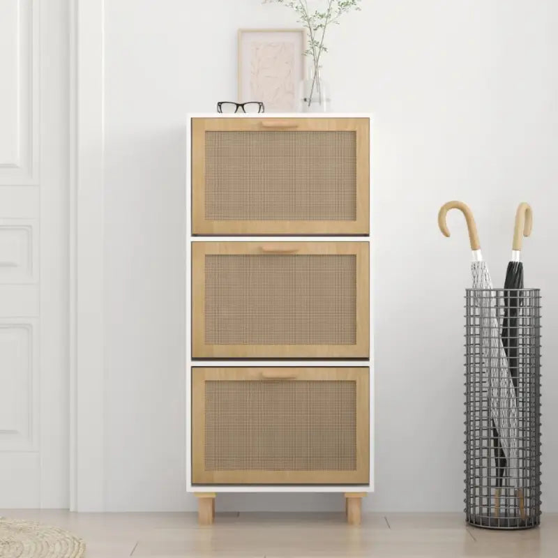 Schoenenkast 52X25X115 Cm Bewerkt Hout En Natuurlijk Rattan