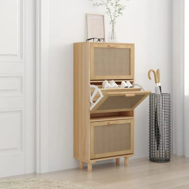 Schoenenkast 52X25X115 Cm Bewerkt Hout En Natuurlijk Rattan