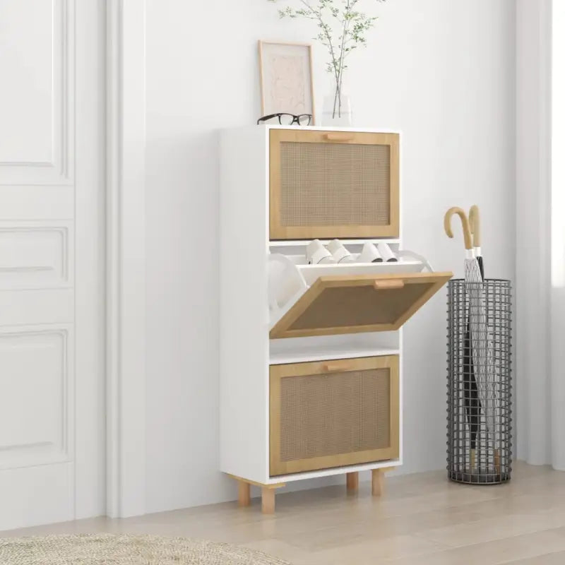 Schoenenkast 52X25X115 Cm Bewerkt Hout En Natuurlijk Rattan