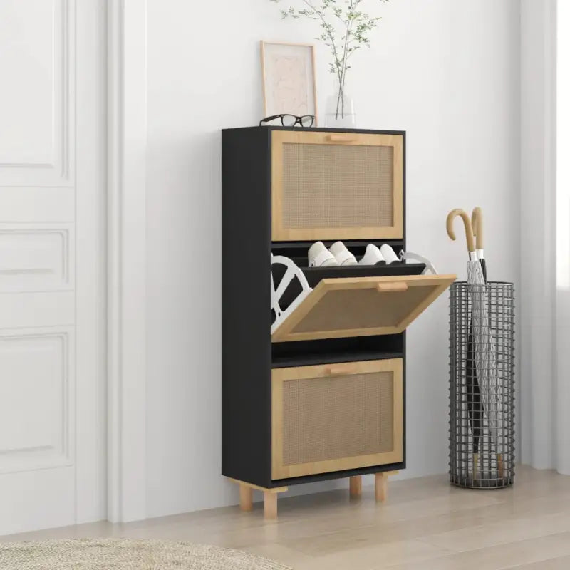 Schoenenkast 52X25X115 Cm Bewerkt Hout En Natuurlijk Rattan