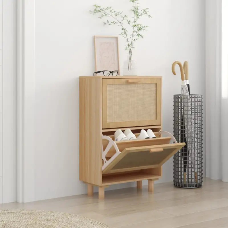 Schoenenkast 52X25X80 Cm Bewerkt Hout En Natuurlijk Rattan