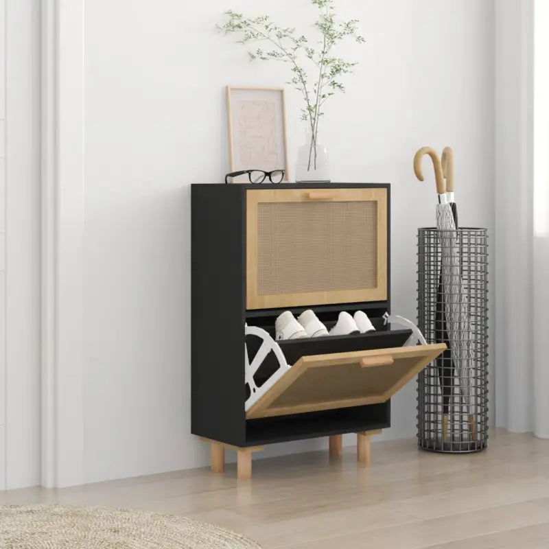 Schoenenkast 52X25X80 Cm Bewerkt Hout En Natuurlijk Rattan