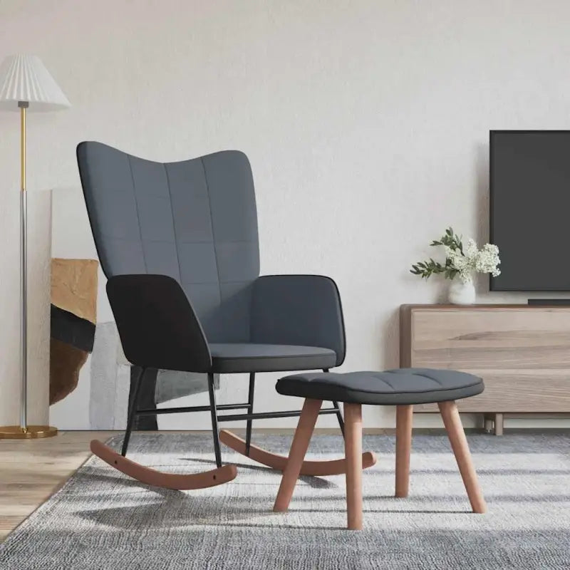 Schommelstoel met voetenbank in blokpatroon en fluwelen bekleding - Donkergrijs / 1 / Met voetensteun - Schommelstoelen