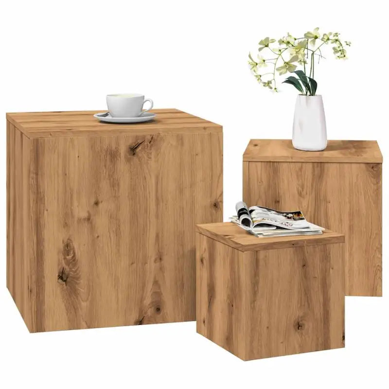 Set bijzettafels van bewerkt hout voor grote en medium tafels - artisanaal eikenkleurig / 3 - Bijzettafels