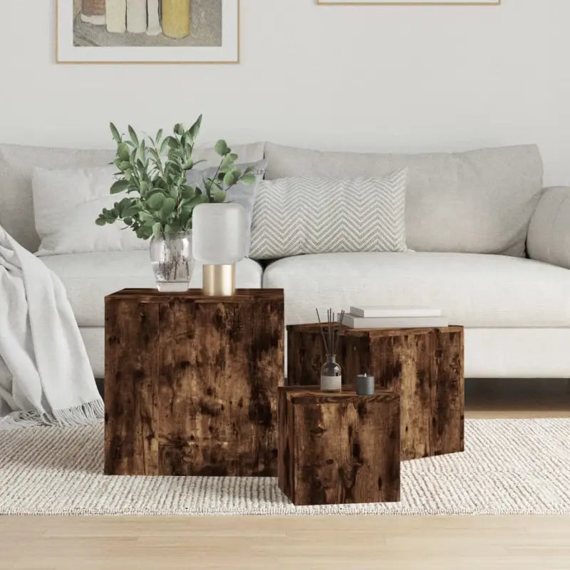 Set bijzettafels van bewerkt hout voor grote en medium tafels - Gerookt eiken / 3 - Bijzettafels