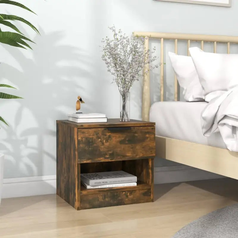 Set nachtkastjes van bewerkt hout in grijs sonoma met stevig blad - Gerookt eiken / 1 - Nachtkastjes