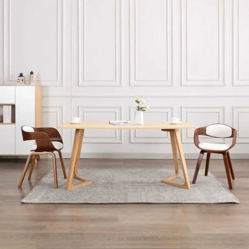 Set van 2 Eetkamerstoelen met Gebogen Hout en Soft Stoffen Bekleding - Donkerbruin en wit / 2 - Eetkamerstoelen