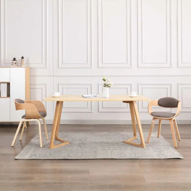 Set van 2 Eetkamerstoelen met Gebogen Hout en Soft Stoffen Bekleding - Lichtbruin en taupe / 2 - Eetkamerstoelen