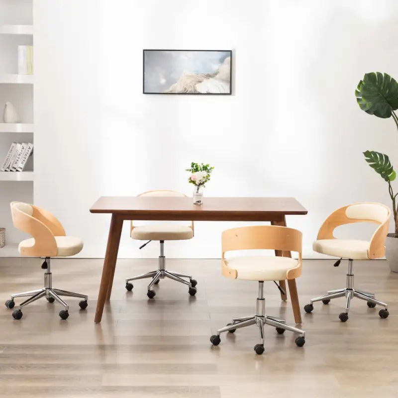 Set van 2 eetkamerstoelen met kunststof wieltjes en kunstleer bekleding - Crème / 4 - Eetkamerstoelen