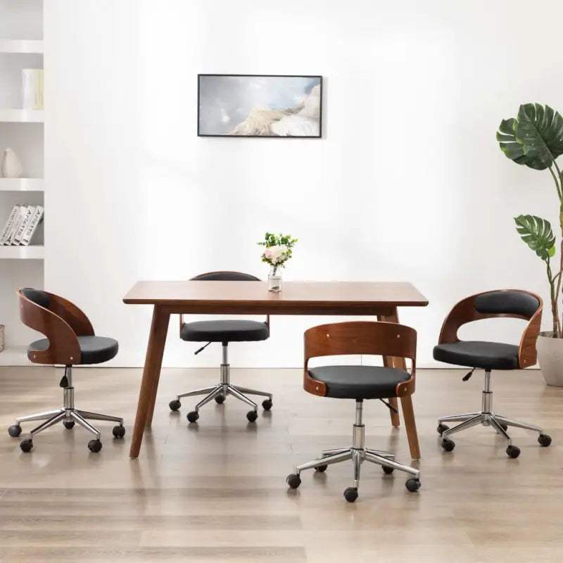 Set van 2 eetkamerstoelen met kunststof wieltjes en kunstleer bekleding - Zwart en donkerbruin / 4 - Eetkamerstoelen