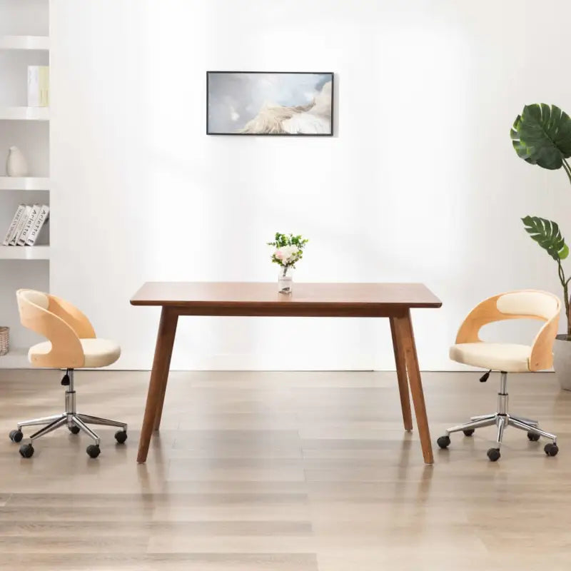 Set van 2 eetkamerstoelen met kunststof wieltjes en kunstleer bekleding - Crème / 2 - Eetkamerstoelen