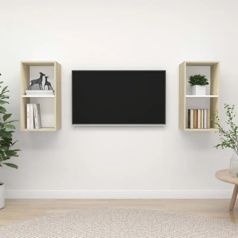 Set van 2 tv-meubels met opbergruimte en flexibele montageopties - Wit en sonoma eiken / 2 - Tv-meubels
