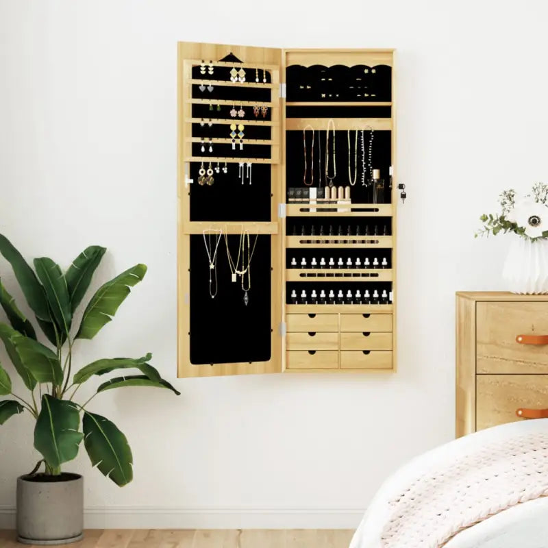 Sieradenkast met spiegel en bewerkt hout voor elegant opbergen - Bruin / 1 - Spiegels