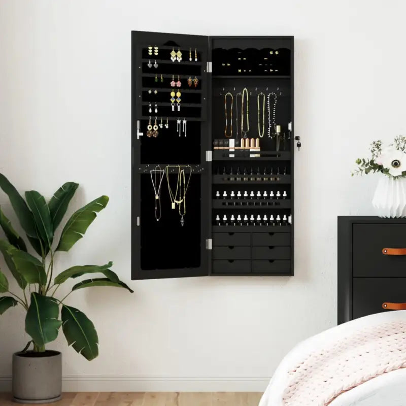 Sieradenkast met spiegel en bewerkt hout voor elegant opbergen - Zwart / 1 - Spiegels