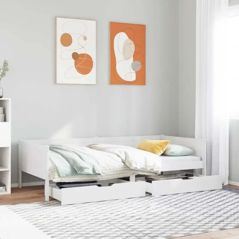 Slaapbank met lades in massief grenenhout met rustieke charme - Wit / 90 x 190 cm - Bedden & bedframes