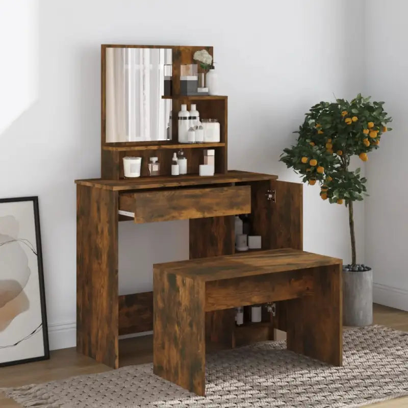 Slaapkamerkaptafel met kruk voor binnen handbereik van je make-up - Gerookt eiken / 1 - Slaapkamerkaptafels