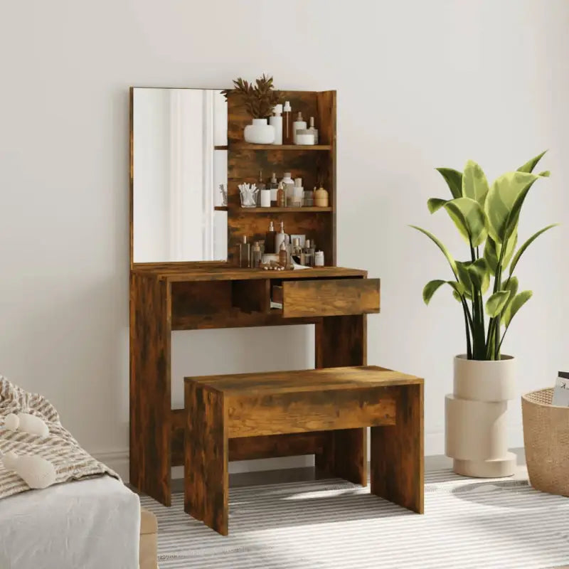 Slaapkamerkaptafel met kruk voor binnen handbereik van je make-up spullen - Gerookt eiken / 1 - Slaapkamerkaptafels