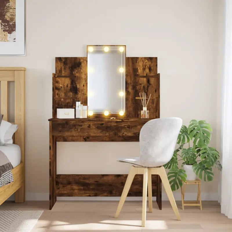 Slaapkamerkaptafel met spiegel LED-verlichting bewerkt hout - Slaapkamerkaptafels