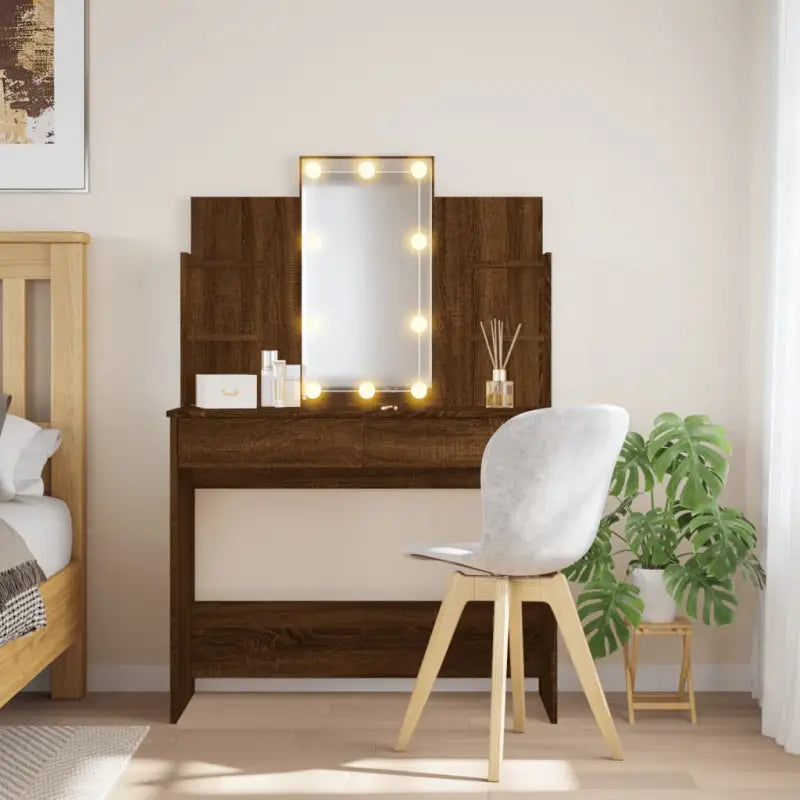 Slaapkamerkaptafel met spiegel LED-verlichting bewerkt hout - bruin eikenkleur / 1 - Slaapkamerkaptafels