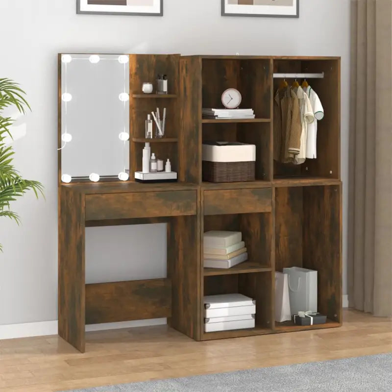 Slaapkamerkaptafel van bewerkt hout met LED verlichting en binnen handbereik spullen - Gerookt eiken / 1