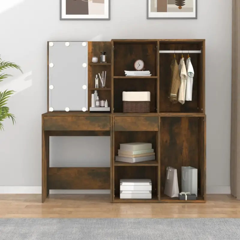 Slaapkamerkaptafel van bewerkt hout met LED verlichting en binnen handbereik spullen - Slaapkamerkaptafels
