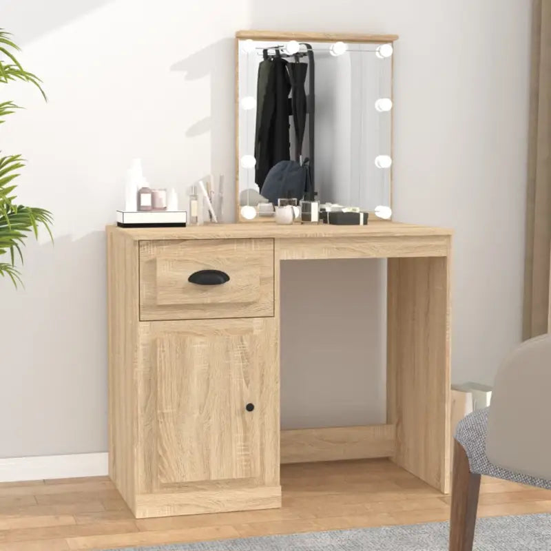Slaapkamerkaptafel van bewerkt hout met moderne asymmetrische vorm - Sonoma eiken / 1 / met LED - Slaapkamerkaptafels