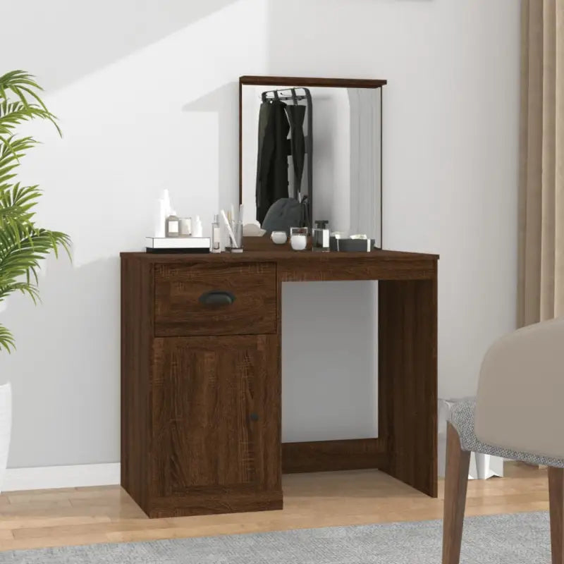 Slaapkamerkaptafel van bewerkt hout met moderne asymmetrische vorm - bruin eikenkleur / 1 / met spiegel